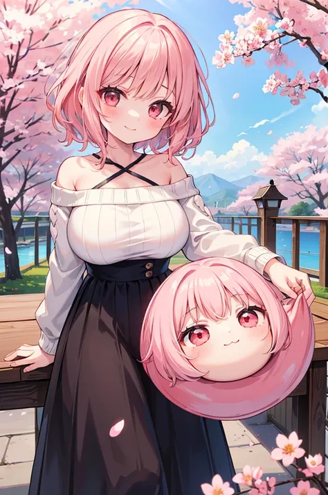 ((Masterpiece)),((high resolution)),((Best Quality)),Anime illustration,(((1girl))),,(wavy hair),(short hair),(pale pink hair color),small ponytail,Red eyes,(Big round eyes),((tareme)),15 years old,((loli face)),((very big breasts)),Short stature,,Off-the-...