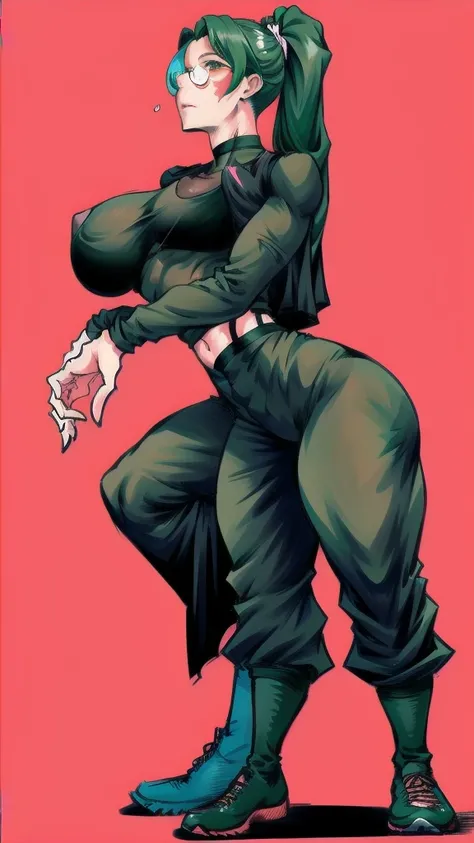 Full body image of Maki Zenin from Jujutsu Kaisen after the Zenin clan incident, full body in image, wearing her post-clan outfit (dark green jacket with sleeves torn off, harem pants, and black shoes, with glasses), long hair tied in a ponytail, female bo...