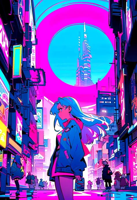 Pink and blue hair girl, soda, Inspired by 90s anime, Cyberpunk City, praise, colorful, Stray cat and woman, Pink Hair, Blue Hair