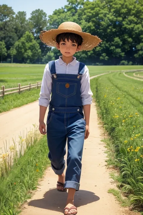 Arabic style image of a boy in overalls and a straw hat walking through a field