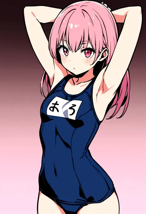 Pink haired girl、Show your armpits、slender、School Swimsuit