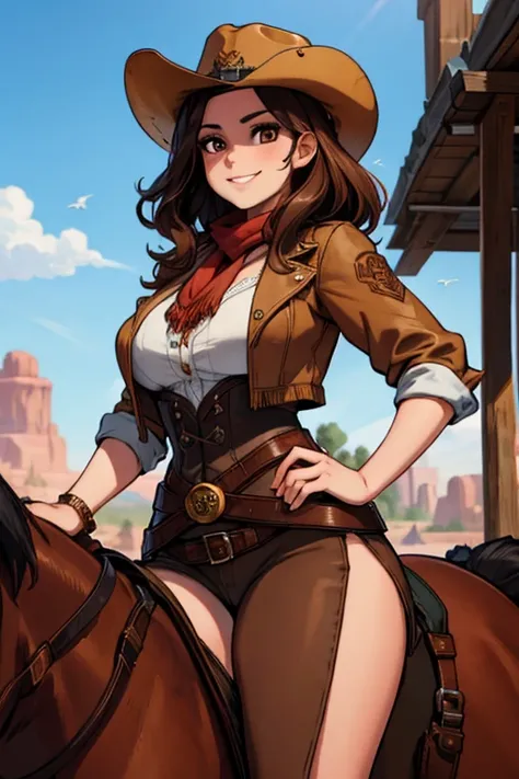 perfect face, perfect hands A brown haired female cowgirl with copper eyes with an hourglass figure in a conservative cowgirl outfit is riding a horse through a wild west town with a big smile