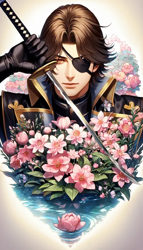 Super detailed, High resolution, Absurd, High resolution, masterpiece, Date Masamune, Medium brown hair, expressive brown eyes, A black eyepatch over his right eye, Sengoku BASARA,  water, Pink Flower, good looking, Sexy man, alone, Highest quality, Flower...