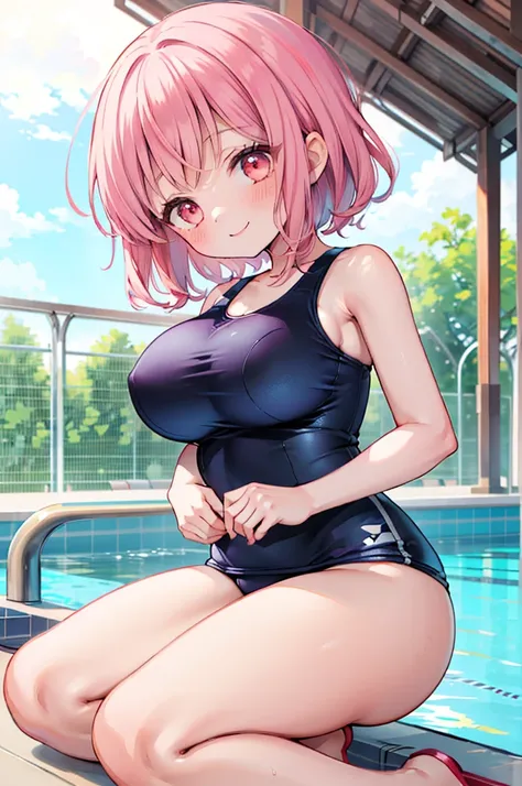 ((Masterpiece)),((high resolution)),((Best Quality)),Anime illustration,(((1girl))),,(wavy hair),(short hair),(pale pink hair color),small ponytail,Red eyes,(Big round eyes),((tareme)),15 years old,((loli face)),((very big breasts)),Short stature,,one-piec...