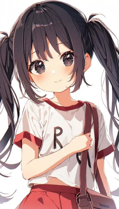 16K,1girl,12 years old,very cute,black hair,twintail,thin twintail,black eyes,r-shirt,Short sleeve,Red Skirt, red satchel with back straps,flat chest,white background,blush,light smile