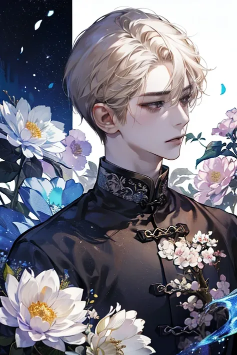 male性，male，Light Hair，good looking，Soft Lighting，water ink，Low saturation，Low contrast，flower，薔薇のflower束，Overbearing and charismatic，Gorgeous，Dignity，Intimidation