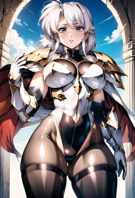 ((highest quality)), ((masterpiece)), ((hyperrealistic)), (detailed background), anime style, solo, shoot from below, 1girl, ((curvy: 1.2)), kawaii, paladin, ((Lamé black racing leotard)), ((see-through catsuit leotard)), (paladin armor), (breastplate armo...