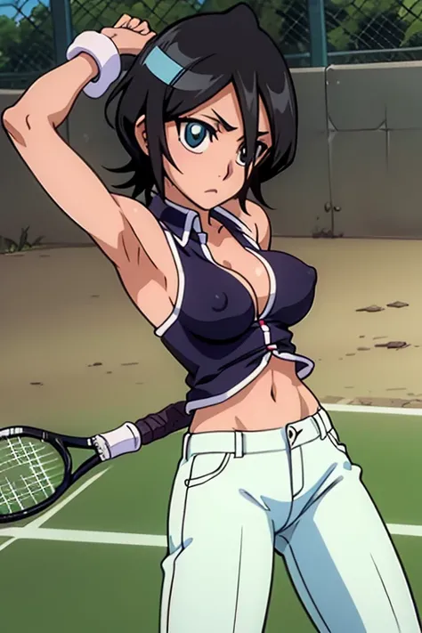 tennis girls massive nipples out of topless vest out bare and wet pants spreading her legs, gloved hands hidden behind head, blindfold

