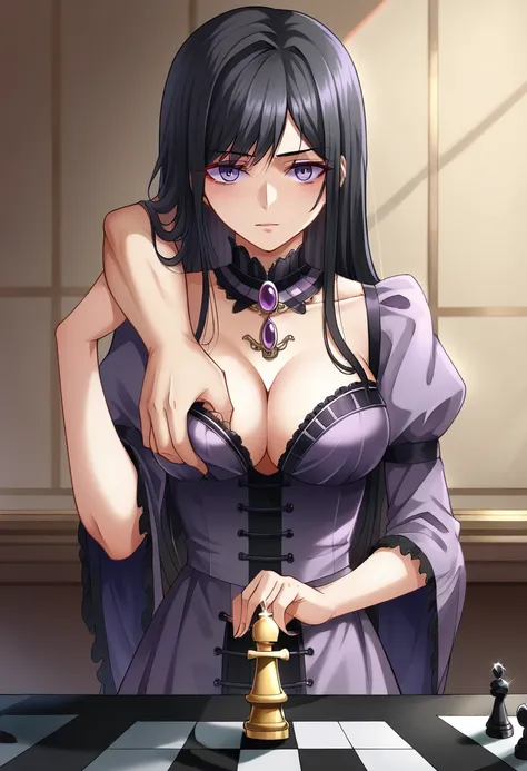 long dark black hair female, playing chess pov, beautiful, hime, straight black hair, noble attire, purple clothes, purple eyes, manhwa style, aristocrat, noble woman, mocking smirk, smart, cunning, 18 years old, elegant, grabing right breast over clothes,...