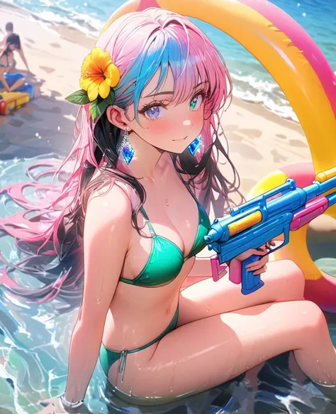 8K,gal，an extremely delicate and beautiful,Beautiful and realistic skin,Shiny jewel-like earrings,Long colorful hair,beautiful eyes,full body,head to toe,beautiful regs,bikini
,summer　music festival,have a water gun