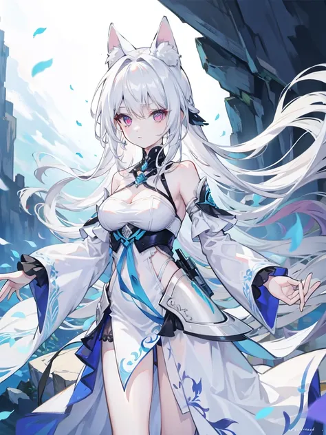 Pale skin, White hair, tails, , Solo,{{Best quality}}, {{Masterpiece}}, {{Ultra-detailed}}, {illustration}, {Detailed light}, Red eyes,Long hair，A revealing, thin dress blue color.