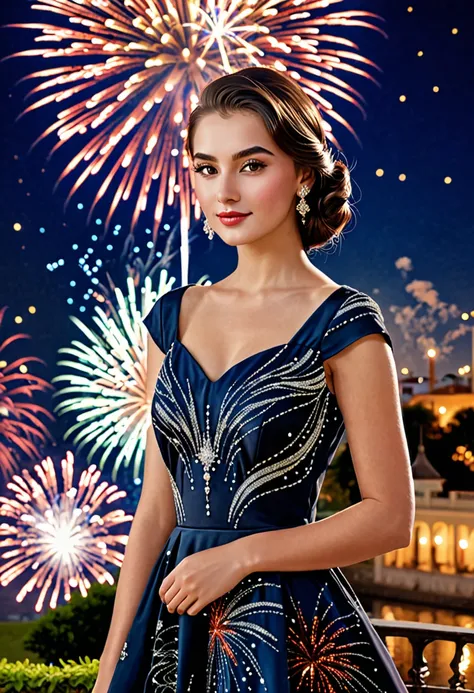 "Elegance and Youth: A Portrait of Modern Beauty"beautiful simri dress, firework in background 