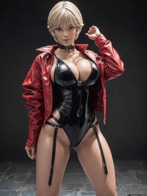 Very Short Hair, (masterpiece、highest quality、Official Art), Beautiful face and dark eyes, Look down, Looking at the audience:1.5, Big smile, Wet Hair, Small Top, Red jacket, Long white boots, garter belt, (Black bondage suit:1.2), Red collar, Red choker, ...