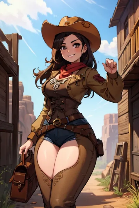 perfect face, perfect hands A brown haired female cowgirl with copper eyes with an hourglass figure in a conservative cowgirl outfit is exploring an abandoned mine with a big smile