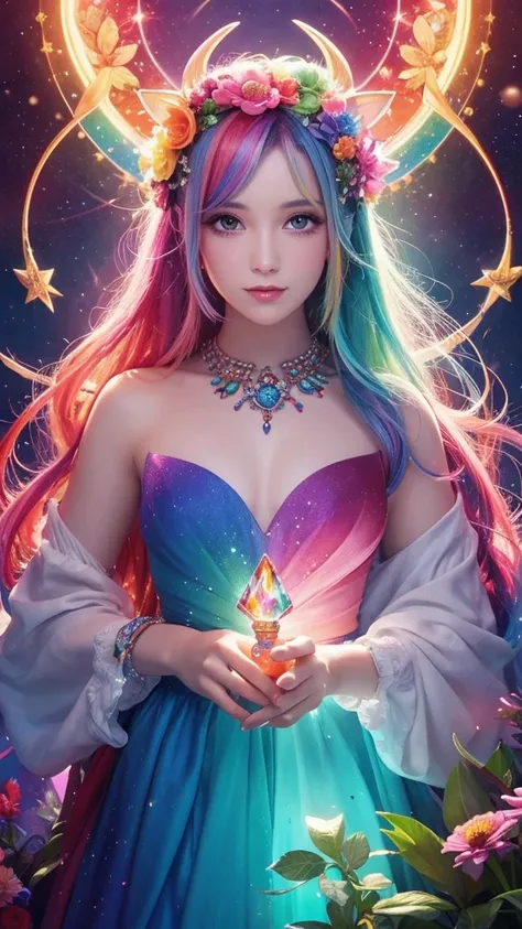 The image you provided appears to be a digital artwork featuring a character with vibrant, multi-colored hair holding a crystal. The background is filled with colorful elements like rainbows and flowers, creating a whimsical and fantastical atmosphere.fron...