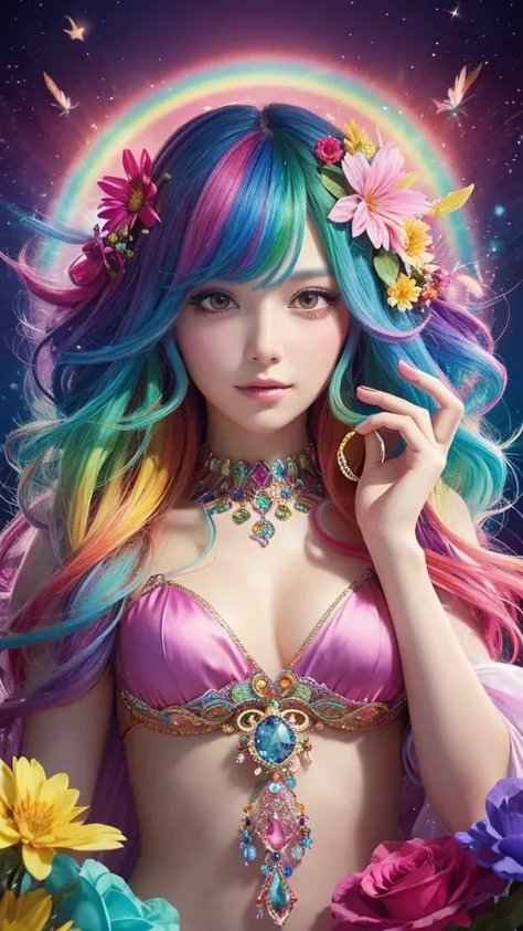 The image you provided appears to be a digital artwork featuring a character with vibrant, multi-colored hair holding a crystal. The background is filled with colorful elements like rainbows and flowers, creating a whimsical and fantastical atmosphere.fron...