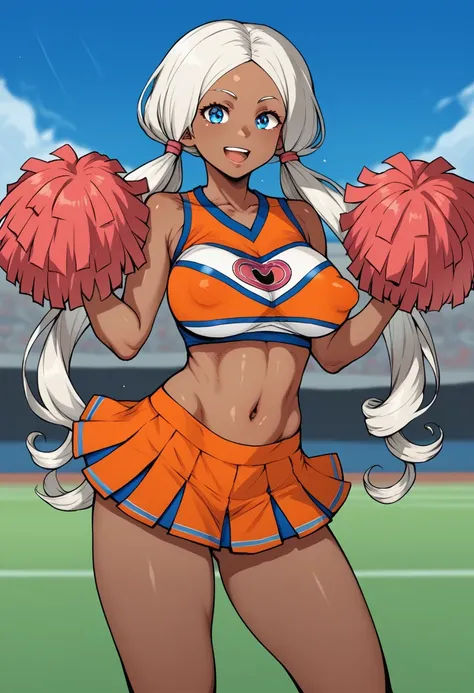 Score_9, BREAK, 1girl, white hair, curly hair, parted bangs, dark skinned girl, very dark skin girl, long hair, low twintails, bare forehead, blue eyes, puffy lips, breasts, thighs, young girl, red cheerleader outfit, midriff, skirt, sports field, blue sky...