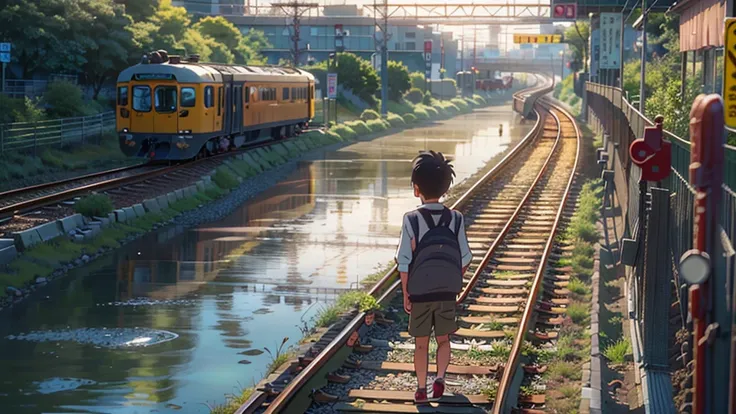 A little boy watches a train travelling along the tracks near a river, Tokyo Anime Scene, Highly detailed digital art in 4K, anime art wallpaper 4k, anime art wallpaper 4k, Beautiful Art UHD 4K, Anime-style streetscape, 4K Detailed Digital Art, Makoto Shin...