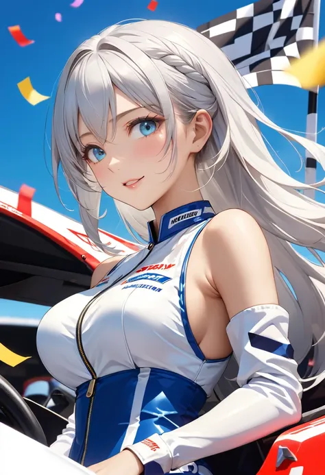 Highest quality, Super quality, 16K, Incredibly absurd, Very detailed, 2.5D, delicate and dynamic, blue sky, Confetti, Racing Car, flag, Small face, Extremely delicate facial expression, Delicate eye depiction, Extremely detailed hair, Upper body close-up,...