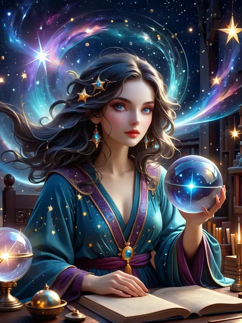 a mystic astrologer woman, flowing robes with intricate star patterns, holding a gleaming crystal ball, beautiful detailed eyes, beautiful detailed lips, long eyelashes, extremely detailed eyes and face, celestial background with stars and constellations, ...