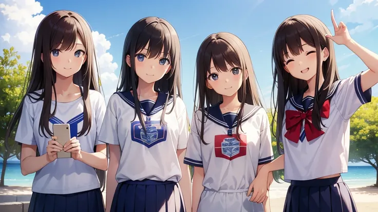 Masterpiece,high school,smile,Are standing,Put your hands behind your back,close your eyes,1 ,Long Hair,Brown Hair,はにかんだsmile0.5,uniform,cute,White skin,summer,blue sky,One girl