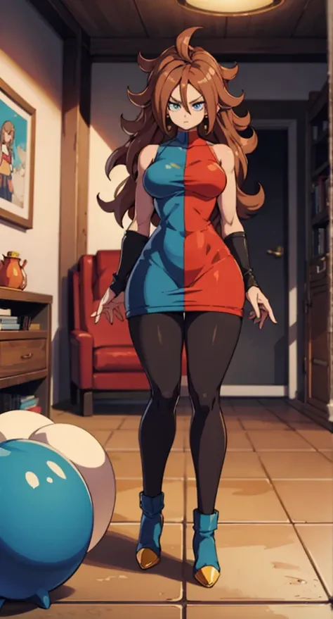 android 21, cups, long brown hair, blue colored eyes, plaid dress, pantyhose, looking to the side, pose lateral, standing, ele está standing, serious, legs spread open, livingroom, light bulb, high qualiy, work of art, legs thick, big-ass, body healed,