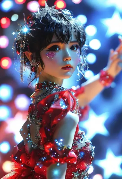 1girl, solo, best quality, masterpiece , Ruby Hoshino, wearing cyber dress,  hair ornament, sparking eyes, star on eye, (star on right eye:1), (dress:1.4), (concert1), on the stage,