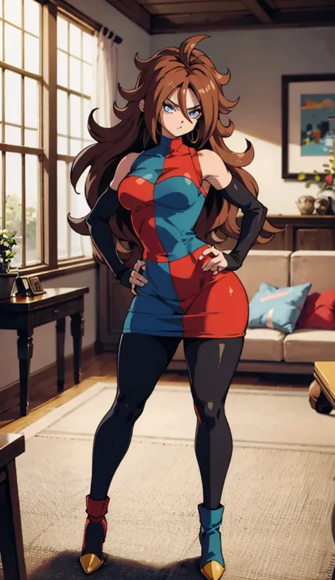 android 21, cups, long brown hair, blue colored eyes, plaid dress, pantyhose, looking to the side, pose lateral, standing, ele e...