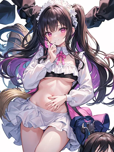 best quality, super fine, 16k, extremely detailed, delicate and dynamic, cute woman, baby face,black hair, pink eyes, A detailed eye, source_anime, high detail, hair ornament, small breasts,bra, panties, Two-side-up,smile、Young features, looking at viewer,...