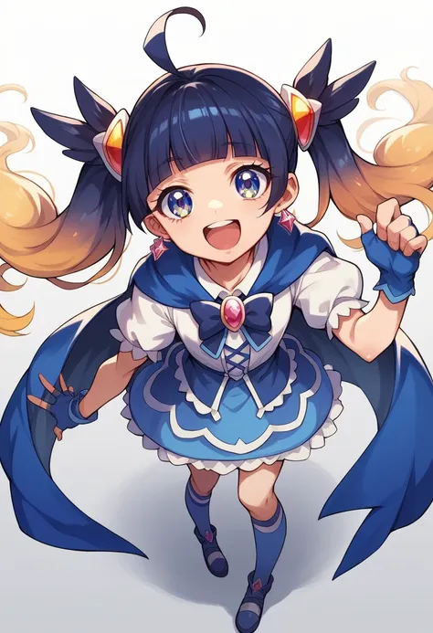 masterpiece, Highest quality, Looking_in_Audience, Happy, Are standing, From above, 
One girl, Cure Sky, 
dress, Twin tails, Gradient Hair, Ahoge, Blunt bangs, Wings on the head, Fingerless gloves, White shirt, Puffy sleeves, Cape, Knee socks, blue legwear...