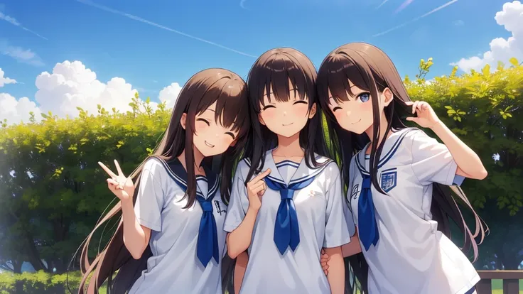 Masterpiece,high school,smile,Are standing,Put your hands behind your back,close your eyes,1 ,Long Hair,Brown Hair,はにかんだsmile0.5,uniform,cute,White skin,summer,blue sky,Only one person,Face Focus,Soft Light