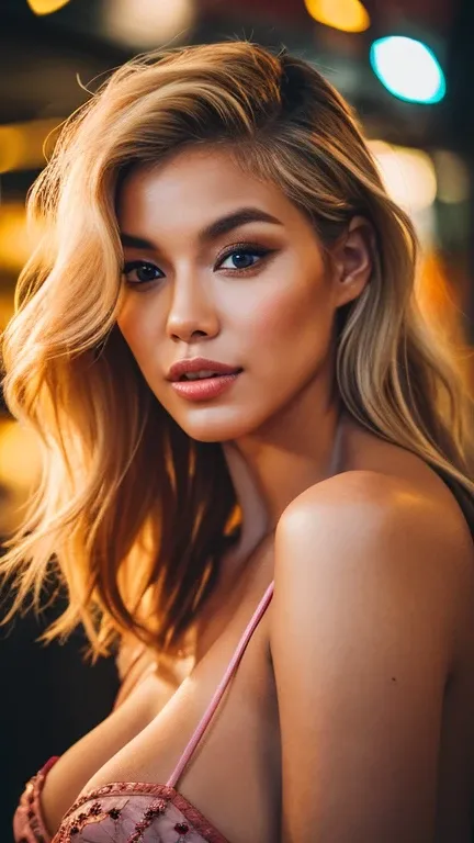 gritty candid raw portrait, photo of a young 25 year old beautiful, big lips, full body, high cheekbones, playful, Danish and Korean mixed race,large fluidic breasts, long curly blonde and neon pink undercut hair, realistic skin texture, luscious and athle...