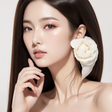 featuring confident and radiant women、ai-generated art inspired by korean cosmetics ads。displayed up to chest level、her perfect ...