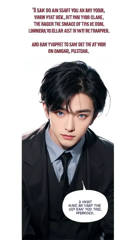 Handsome boy, black hair, blue eyes, wearing black formal with black necktie