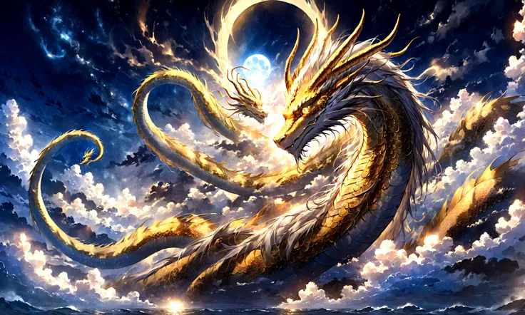 Silver dragon god, gentle gaze, fantastic background, moonlight background, sea of ​​clouds background, golden splashes, mysterious, divine light, mythical creature, traditional Chinese dragon, myth, speckled light, hazy haze, mysterious aura, masterpiece,...