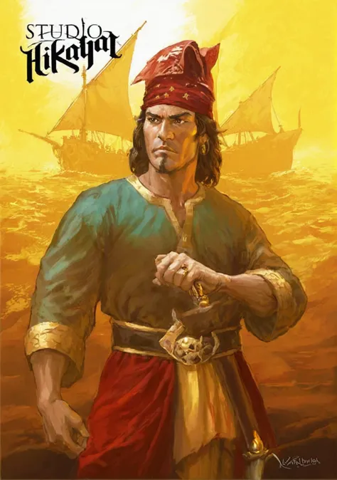 a painting of a man in a pirate costume holding a sword, inspired by altoon sultan, king of pirates, inspired by aladár körösfői...