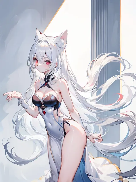 , White hair, tails, A nice figure with a slim waist, Solo,{{Best quality}}, {{Masterpiece}}, {{Ultra-detailed}}, {illustration}, {Detailed light}, Red eyes,Long hair，A revealing, thin dress blue color.