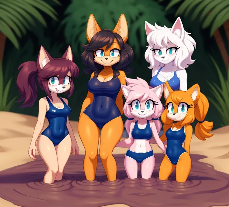 Mobians, wamudraws, anthro female, female furry, detailed fur, best quality, HD, full body, cameltoe, 5girls, 5 girls in beach, multiple subjects, group, team, adult female, group shot, coyote girl, cocker spaniel girl, borzoi girl, jackal girl, wolf girl,...