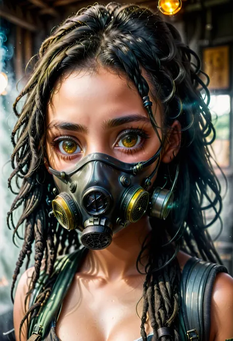 RAW, (HDR:1.9) best quality, 4k, 8k, (ultra high resolution), (photo hd:1.6), (sharp focus), (Kodak Portra 400 film) (portrait), 
close-up of a young woman  dreadlocks, black hair, gas mask, constricted pupils, pupils sparkling(artistic portrait: 1.5) (85m...