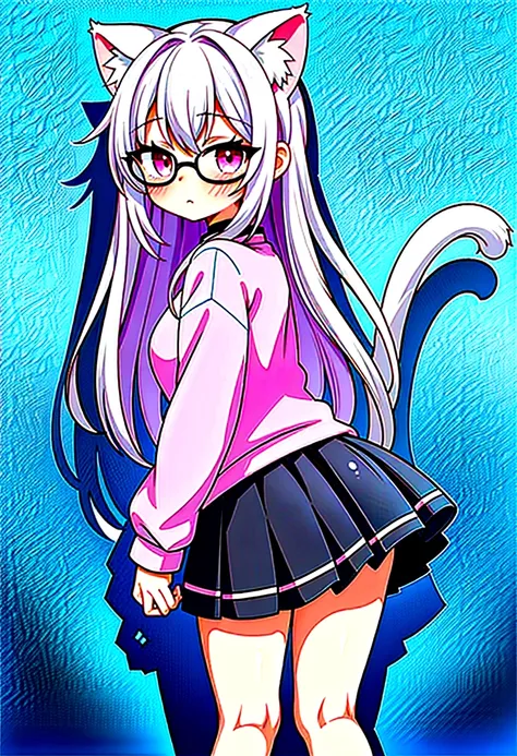 I have white pink hair, cat ears, a bun, my face is super blushing, black glasses, pink heart eyes, a big pink sweatshirt, a black skirt, black stockings, white shoes, a cat&#39;s tail, a girl. very shy that she is glued to a wall with her butt