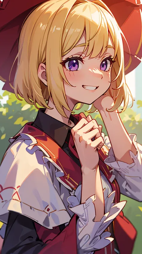 1 Girl、、Sharp focus、(Bokeh) (Highest quality) (Detailed skin:1.3) (Intricate details) (anime)、Upper body close-up、From the side、Natural Proportions、thin、Small breasts、Grin、White skin、(blonde)、Bobcut、Beautiful purple eyes、Red jacket、(Long sleeve blouse)、Fri...