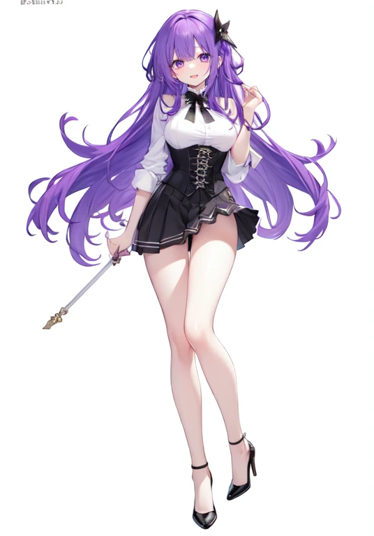 Purple hair,voluminous long hair,Adult female,((Roll up your sleeves)),(Corset),(Tight skirt),(high heels),((Simple White background)),Smile,((Full body)),((whole body))