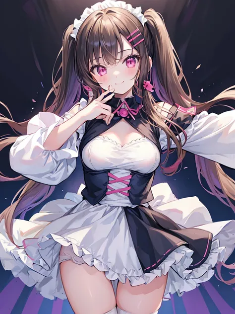 best quality, super fine, 16k, extremely detailed, delicate and dynamic, cute woman, baby face,black hair, pink eyes, A detailed eye, source_anime, high detail, hair ornament, small breasts,(straight hair), (twintail), (ong hair),smile、Young features, look...