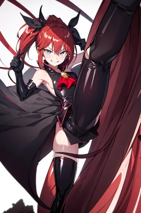 Highest quality, masterpiece, One Girl,Not beautiful, Red Ponytail, Long dress, brooch, Hair Ribbon, , Black knee socks, Standing on the rubble,  (Wicked Smile:1.1), ,,Dark shadowed face,Sadistic smile,Malice,Contempt,smile,latex,Bad face,,Red Skirt,two ha...