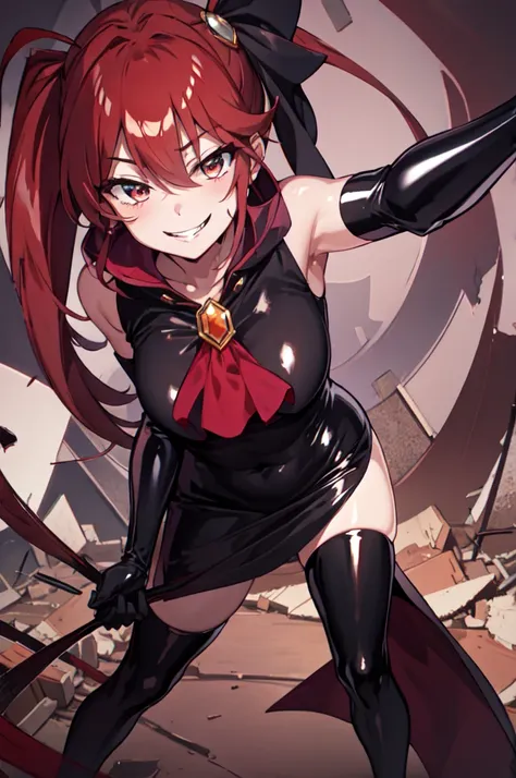 Highest quality, masterpiece, One Girl,Not beautiful, Red Ponytail, Long dress, brooch, Hair Ribbon, , Black knee socks, Standing on the rubble,  (Wicked Smile:1.1), ,,Dark shadowed face,Sadistic smile,Malice,Contempt,smile,latex,Bad face,,Red Skirt,two ha...