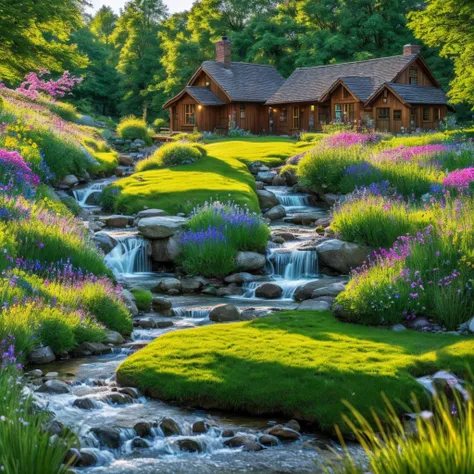 a cozy landscape, a small cottage in a meadow, rolling hills, lush green grass, wildflowers blooming, a babbling brook, a wooden bridge, sunbeams filtering through the trees, birds flying overhead, a warm and inviting atmosphere, (best quality,4k,8k,highre...