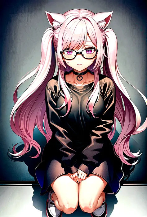 I have white pink hair, cat ears, a bun, my face is super blushing, black glasses, pink heart eyes, a big pink sweatshirt, a black skirt, black stockings, white shoes, a cat&#39;s tail, a girl. very shy that she is glued to a wall with her butt