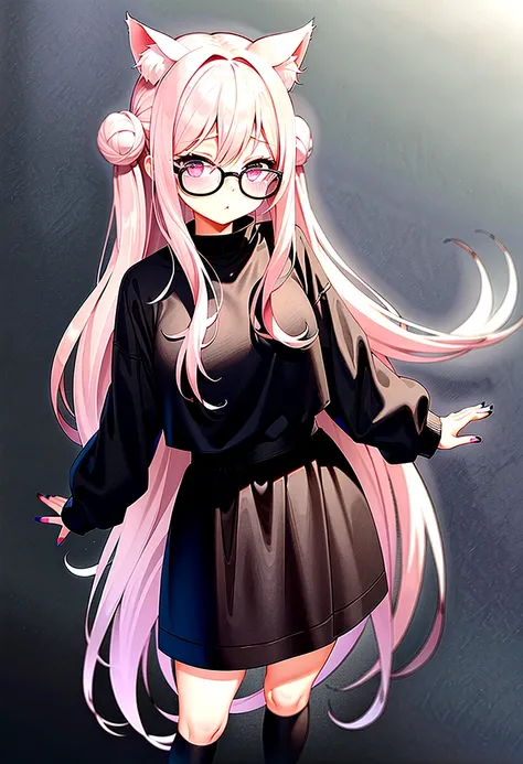 I have white pink hair, cat ears, a bun, my face is super blushing, black glasses, pink heart eyes, a big pink sweatshirt, a black skirt, black stockings, white shoes, a cat&#39;s tail, a girl. very shy that she is glued to a wall with her butt