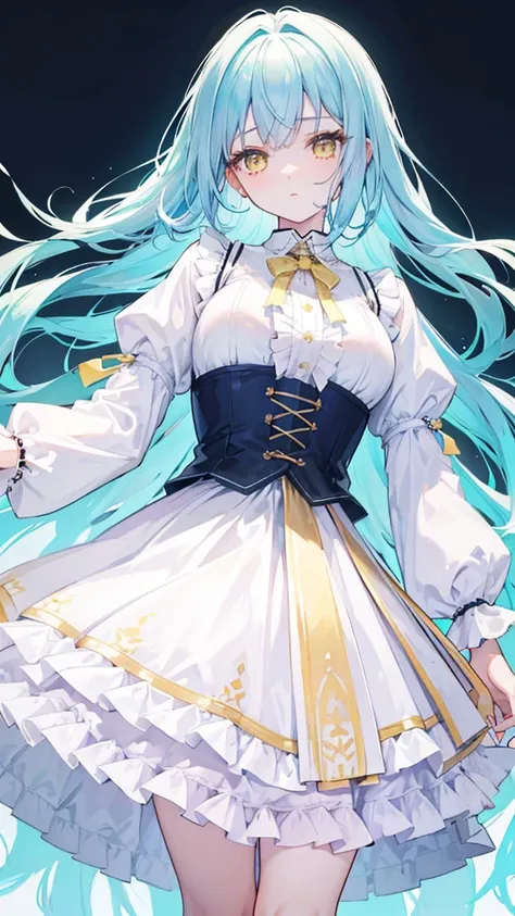 Feminine top pastel-colored blouse with a lace trim and matching skirt Girl wearing this has long light blue hair and yellow eyes.    ((Ultra detailed)), ((high quality)), 8k