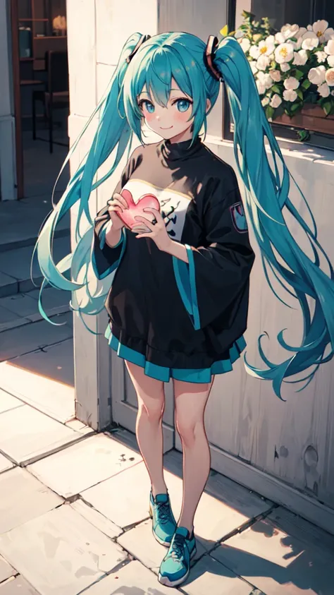 best quality, masterpiece, high resolution, solitary, (Hatsune_future_Blue File:1.10), 1 girl, Wide sleeves, Long sleeve, Looking at the audience, Heart, blush, flowering, Smile, outdoor, Residence, Print 14 ，full-body shot